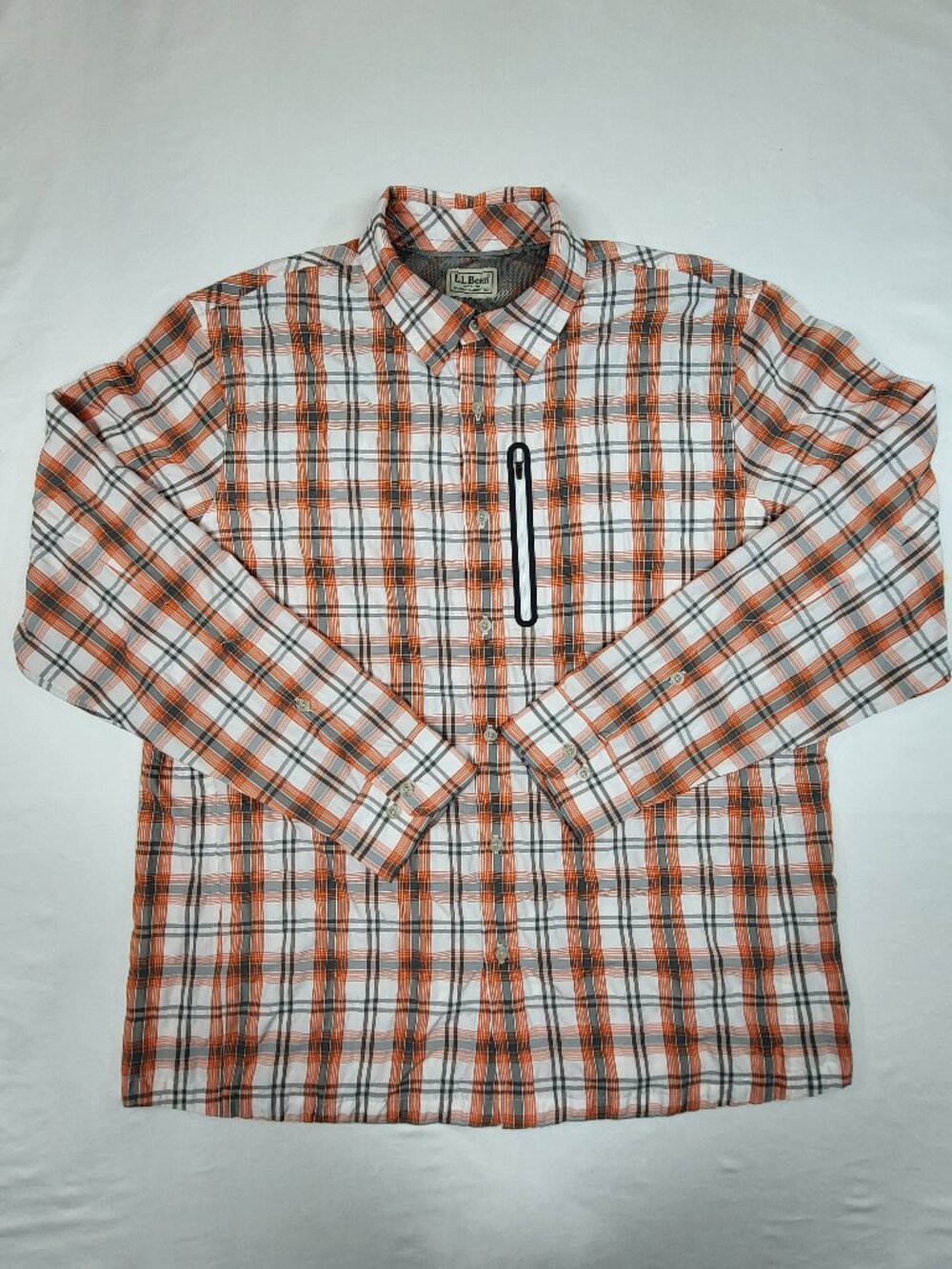 LL Bean Mens Large Reg Plaid Vented Hiking Shirt Long Sleeve Orange Gray White